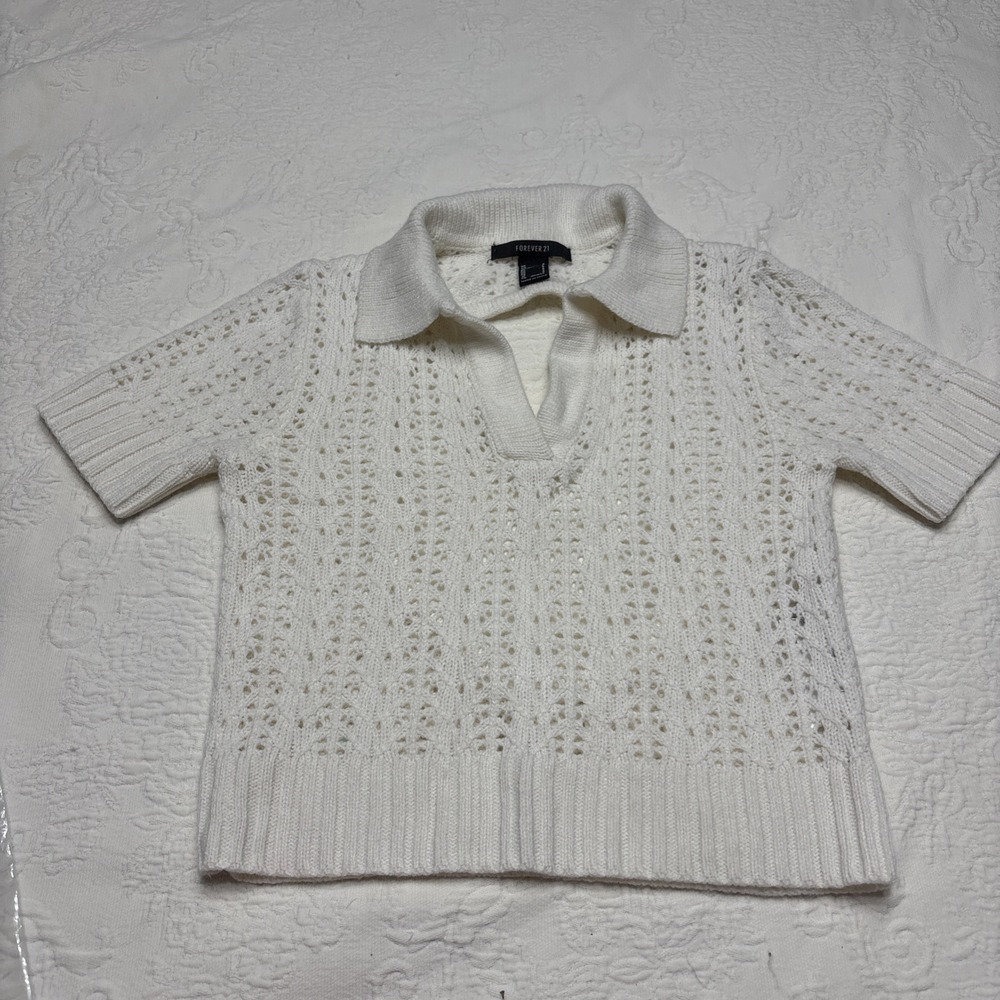 Forever 21 Cardigan Top Women S Cream Ribbed Knit Short Sleeve Crop Open Back